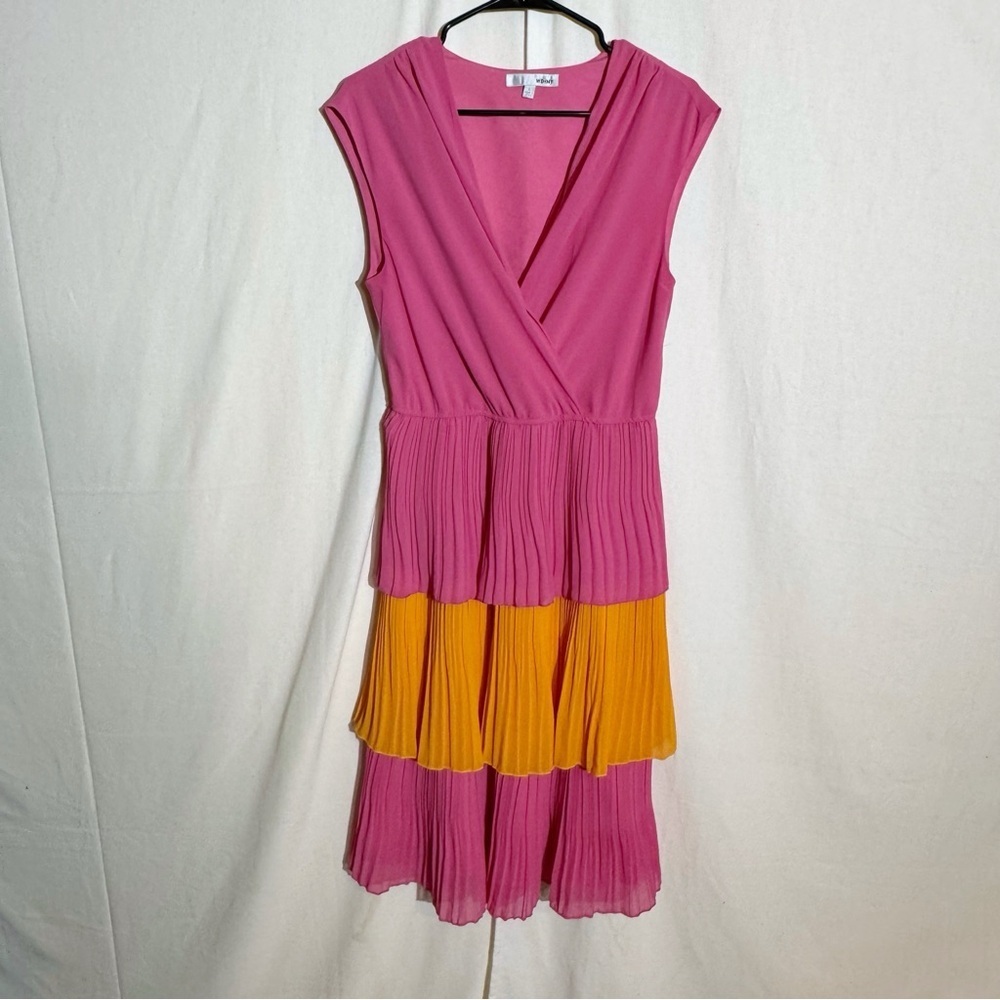 Wdny // pink, orange pleated ruffle tiered v neck maxi dress size large ap2